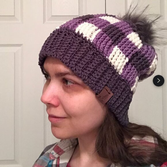 Hand Crafted Accessories - Handmade Purple Buffalo Plaid Crochet Winter Hat Touque in Soft Merino Wool